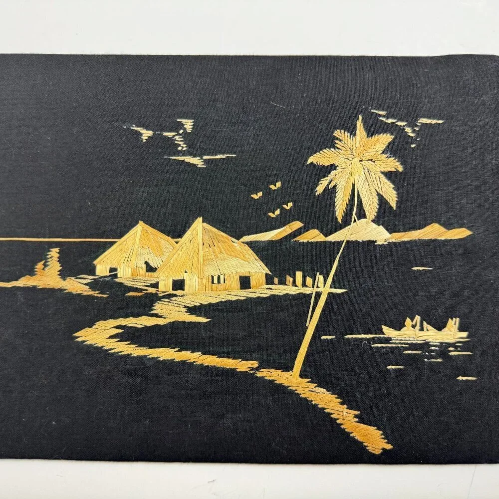 Vintage Wall Art Asian Scene Straw on Black Velvet Handmade